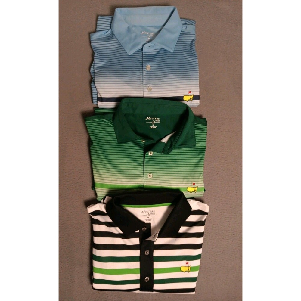 Three Masters Tech Striped Performance Golf Polos Blue, Green, White  MEDIUM EUC
